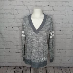 PINK Victoria's Secret Grey White V-neck Sweatshirt White Sleeve Stripes Sz XS